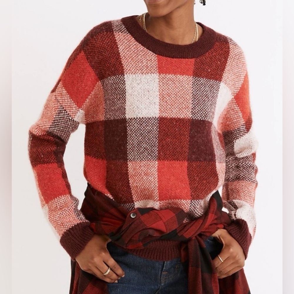 Madewell Red Checked Plaid Fenimore Pullover Sweater, size XL.